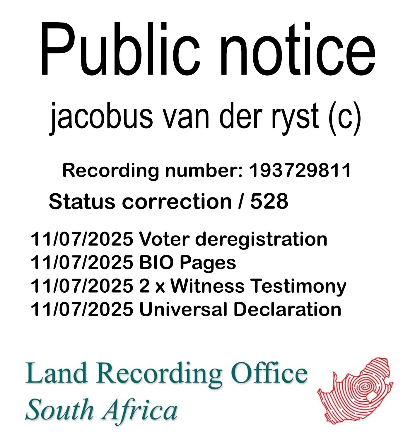 Public notice jacobus van der ryst (c) Recording number 193729811